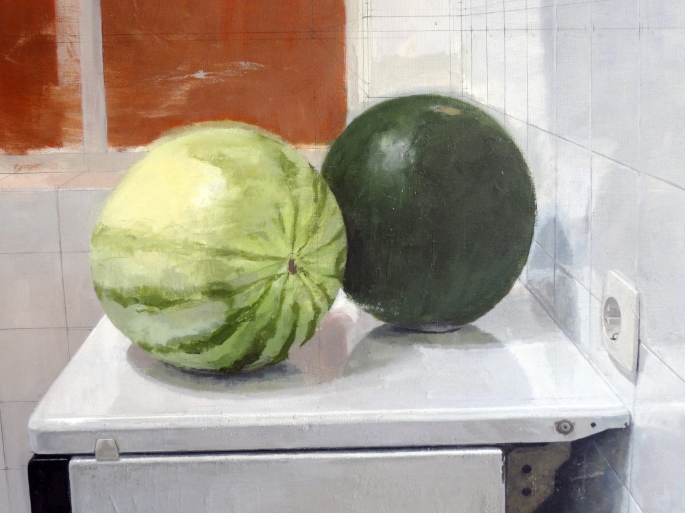 Alessandro Taiana, pintura contemporánea realista, bodegón con sandías, 2003