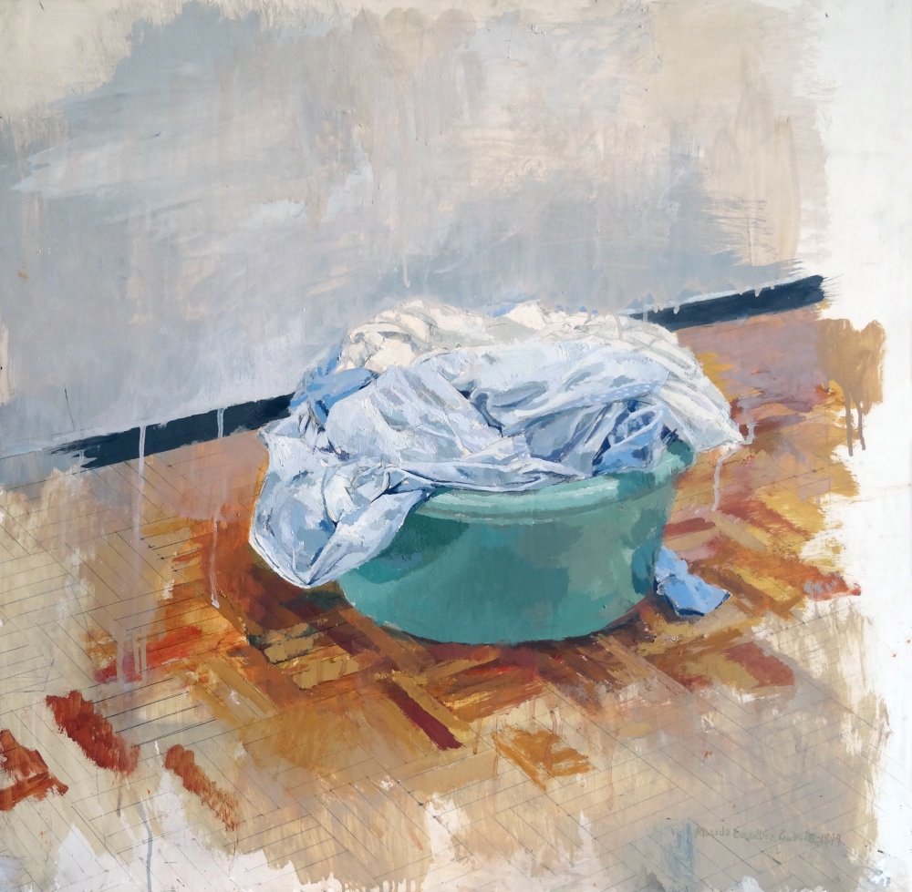 Ricardo González, pintura realista, bodegón caldero con ropa, 2000