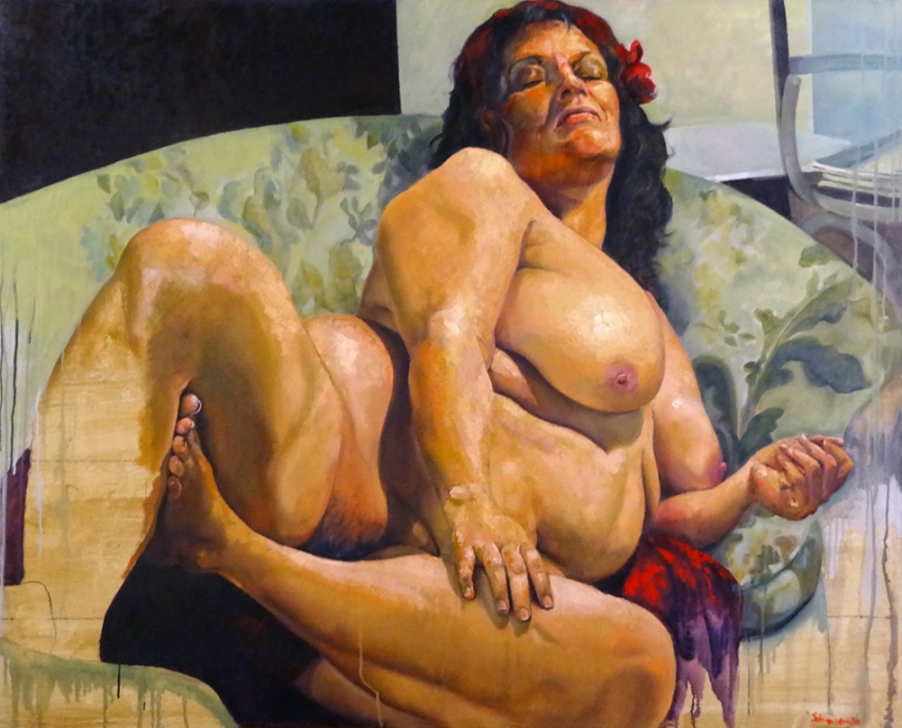 Pablo Schugurensky, pintura figurativa, desnudo de mujer sobre sofá