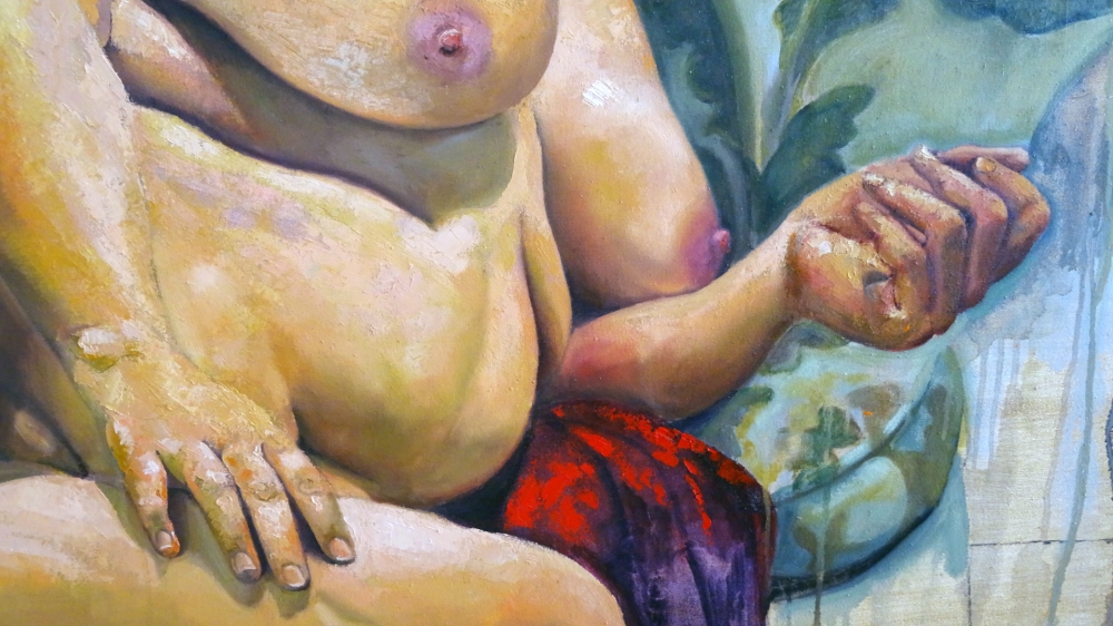 Pablo Schugurensky, pintura figurativa, desnudo de mujer sobre sofá