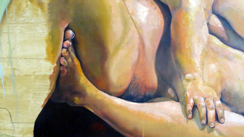 Pablo Schugurensky, pintura figurativa, desnudo de mujer sobre sofá