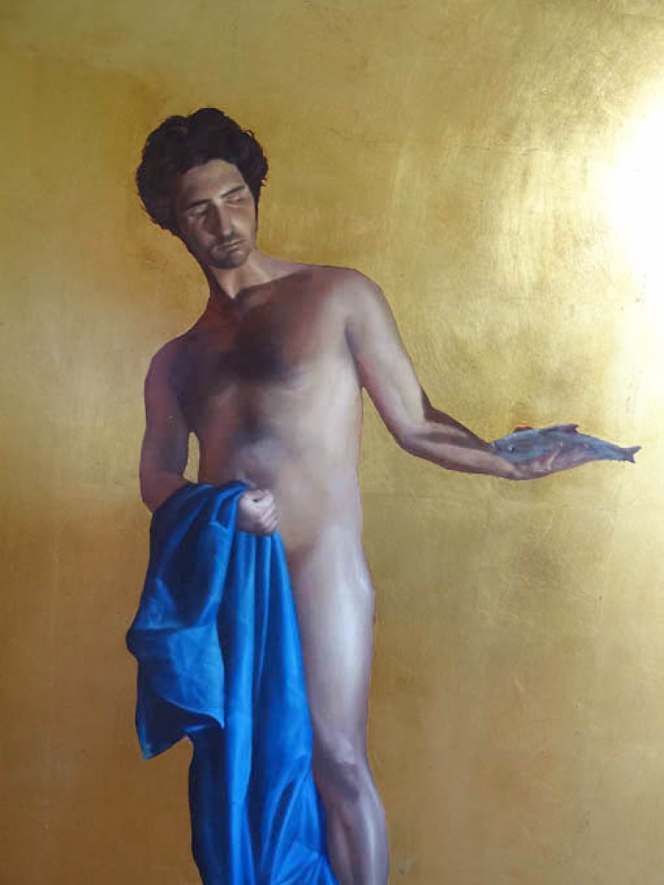 Jesús Herrera, pintura contemporánea, pan de oro, desnudo clásico, 2002
