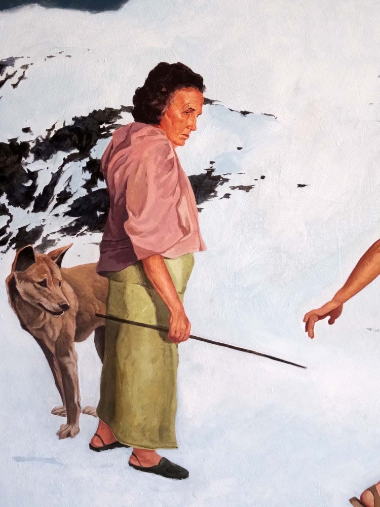 Alfredo López, expedición en la nieve, óleo sobre tabla, 2002, realismo mágico