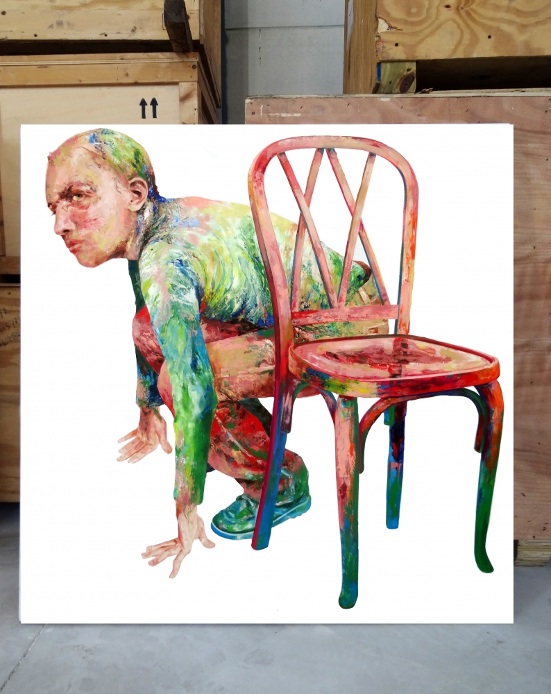 Samuel Salcedo, pintura contemporánea expresionista, hombre escondido, 2003