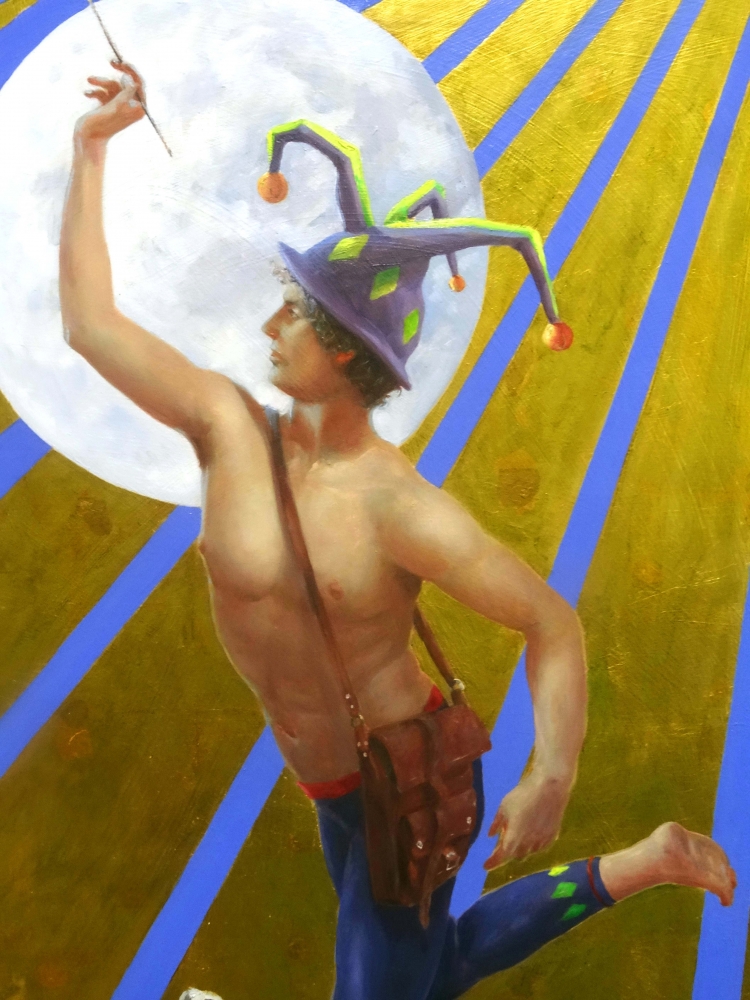Manuel Terán, pintura con pan de oro, escena surrealista, 2003