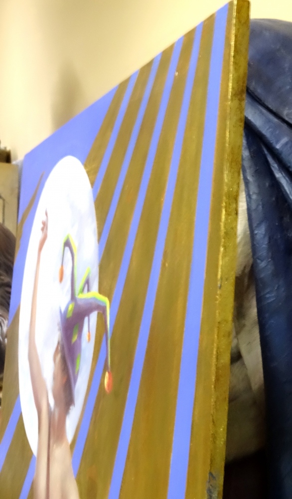 Manuel Terán, pintura con pan de oro, escena surrealista, 2003