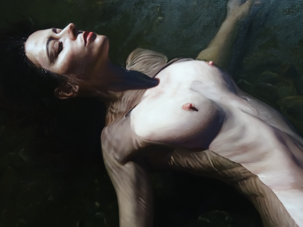 Pintura figurativa desnudo de mujer en agua, mar, hiperrealista, Javier Arizabalo