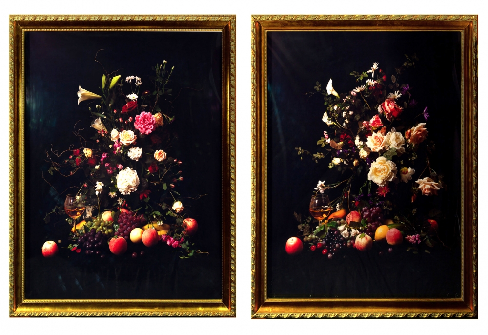 Lu Zhengyuan, fotografía contemporánea digital, bodegón con flores y frutas, 2008