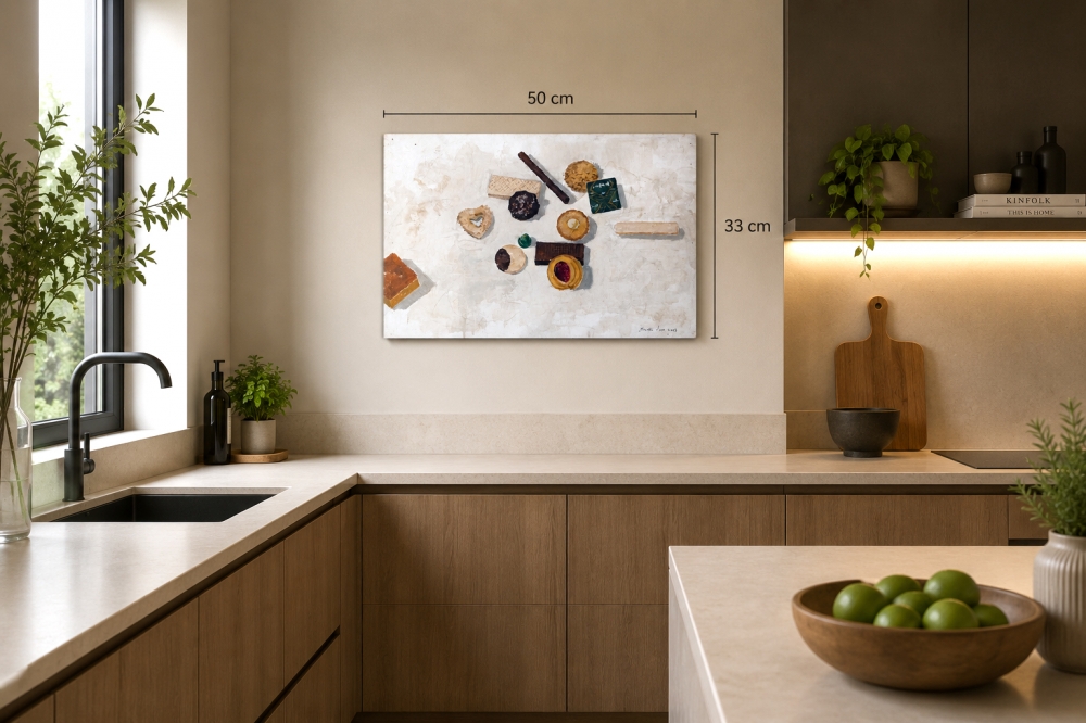 Miguel Vivo, pintura contemporánea, bodegón con dulces, galletas y pastas de té