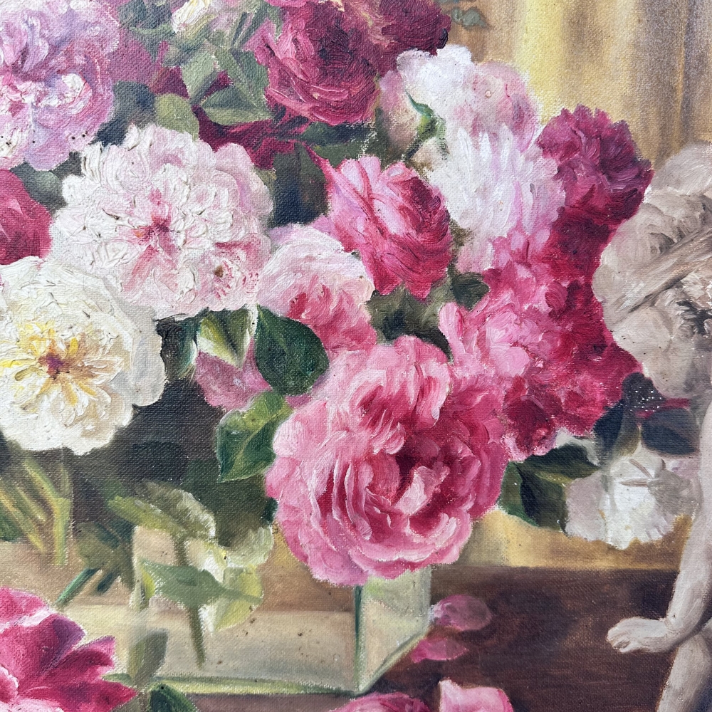 “Bodegón de rosas y jarrón”, Solange Devienne, Francia, siglo XX