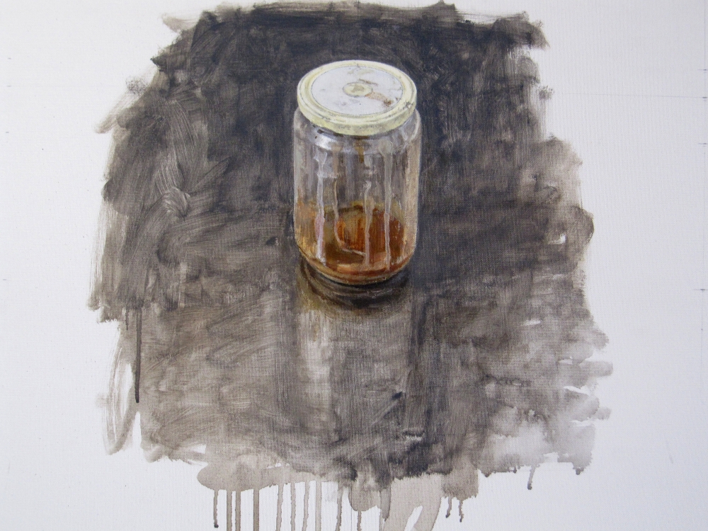 Pintura bodegón realista con bote de cristal Alessandro Taiana
