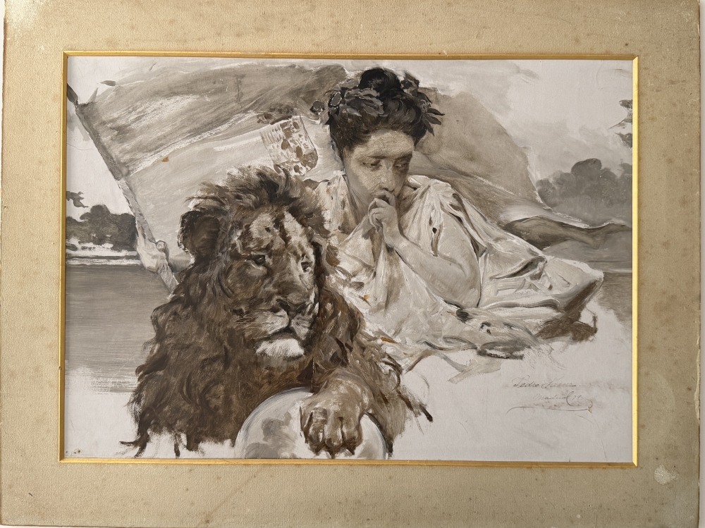 Pedro Sáenz Sáenz, Málaga, grisalla sobre cartón, Madrid 1898, alegoría de España
