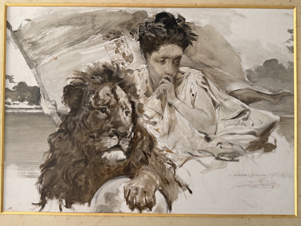 Pedro Sáenz Sáenz, Málaga, grisalla sobre cartón, Madrid 1898, alegoría de España