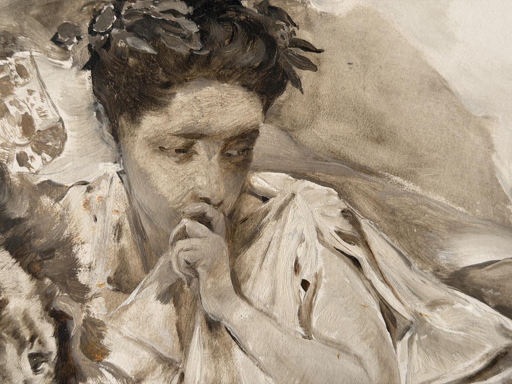 Pedro Sáenz Sáenz, Málaga, grisalla sobre cartón, Madrid 1898, alegoría de España