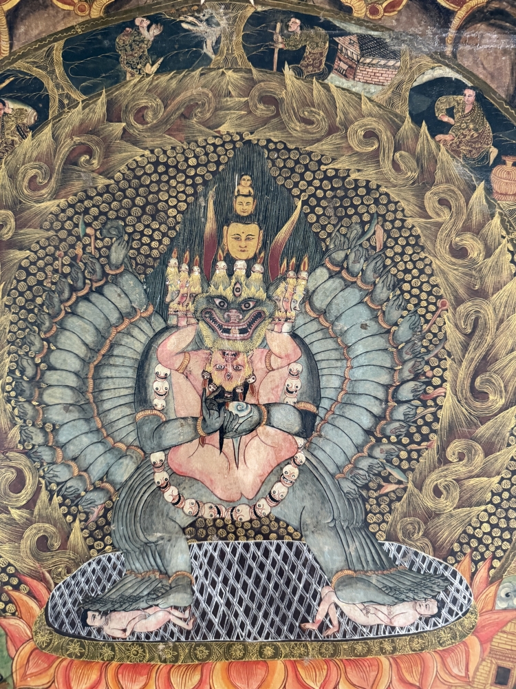 Antigua Thangka Tibetana Bhavachakra, rueda de la vida, Yama y Samsara, Tibet, 1920 aprox.