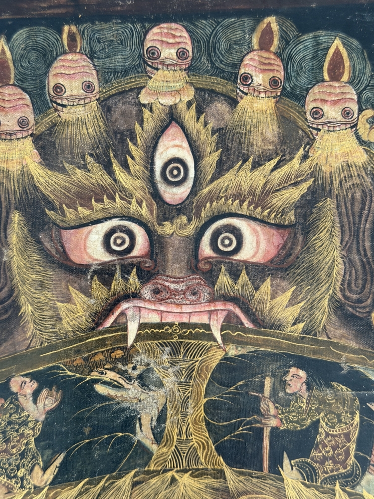 Antigua Thangka Tibetana Bhavachakra, rueda de la vida, Yama y Samsara, Tibet, 1920 aprox.