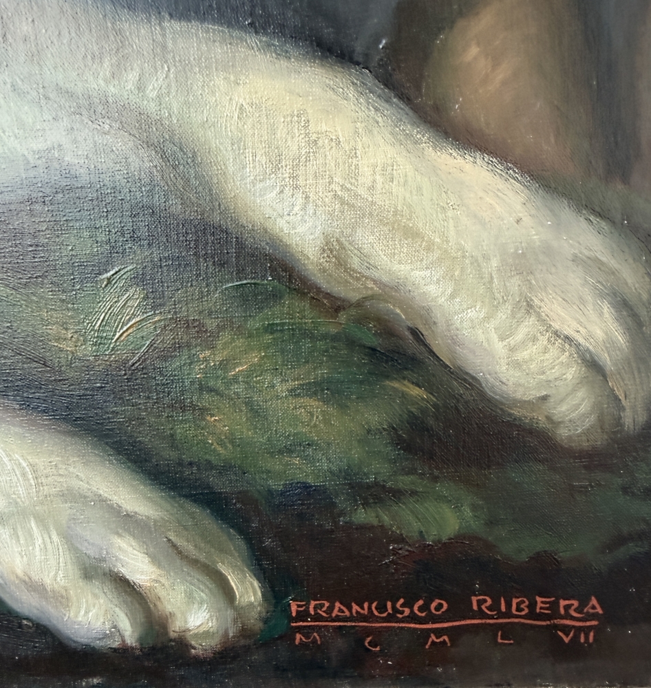 Francisco Ribera Gómez, retrato de una joven con perro de caza junto al mar, óleo