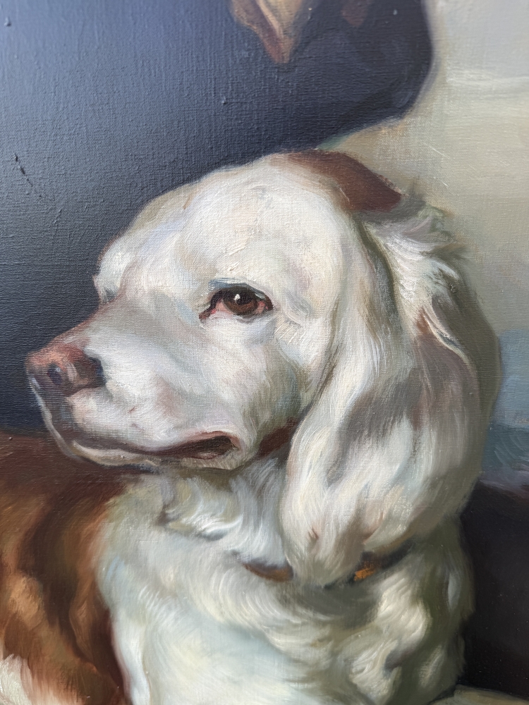 Francisco Ribera Gómez, retrato de una joven con perro de caza junto al mar, óleo