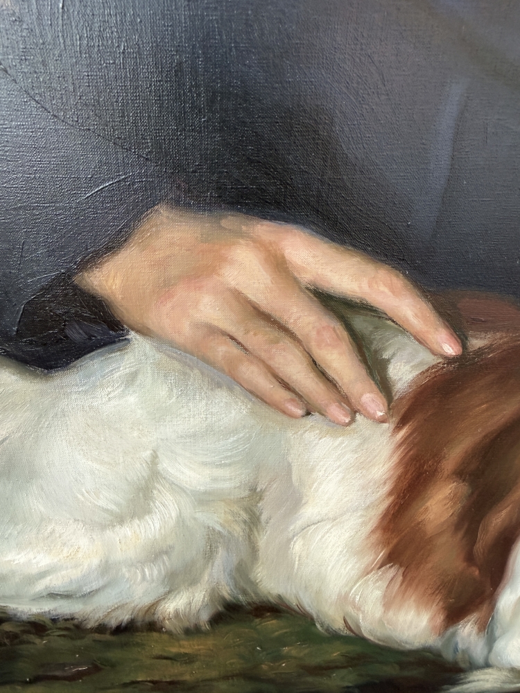 Francisco Ribera Gómez, retrato de una joven con perro de caza junto al mar, óleo