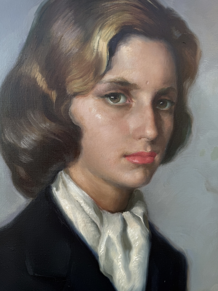 Francisco Ribera Gómez, retrato de una joven con perro de caza junto al mar, óleo