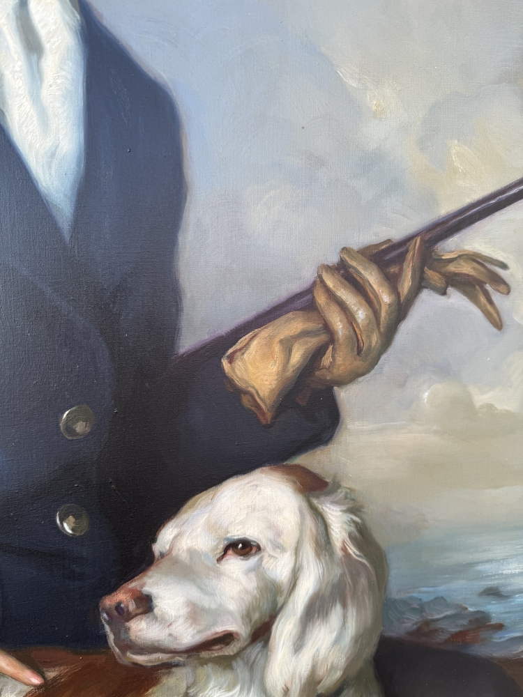 Francisco Ribera Gómez, retrato de una joven con perro de caza junto al mar, óleo