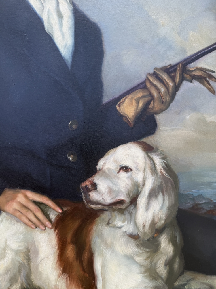 Francisco Ribera Gómez, retrato de una joven con perro de caza junto al mar, óleo
