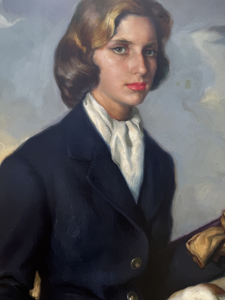 Francisco Ribera Gómez, retrato de una joven con perro de caza junto al mar, óleo