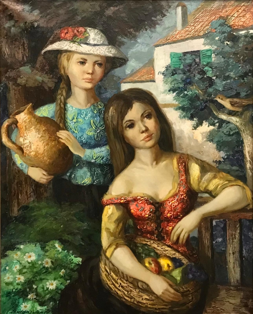 ”Muchachas con Cesto de Frutas y Cántaro”, José Buigas Sans (1903-1989), años 60-70 del siglo XX