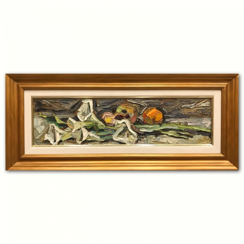 ”Naturaleza Muerta con Calas Blancas y Frutas”, Roberto Ortuño Pascual (1953), años 80 del siglo XX