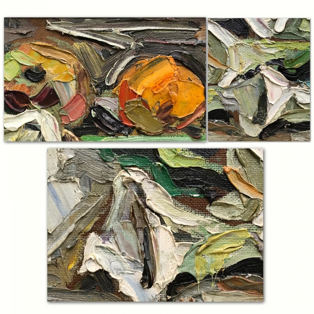 ”Naturaleza Muerta con Calas Blancas y Frutas”, Roberto Ortuño Pascual (1953), años 80 del siglo XX