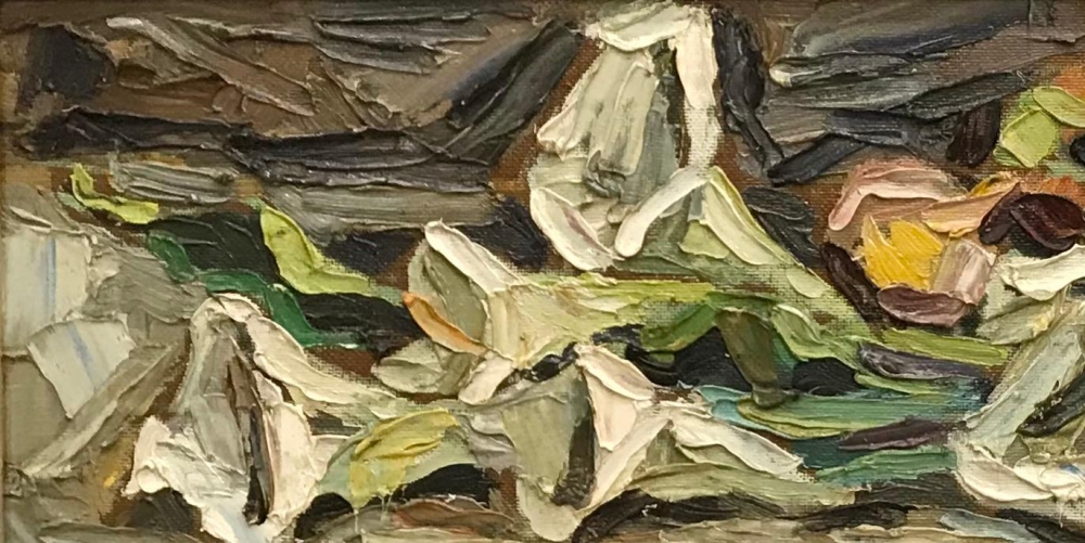 ”Naturaleza Muerta con Calas Blancas y Frutas”, Roberto Ortuño Pascual (1953), años 80 del siglo XX