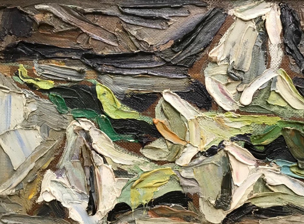 ”Naturaleza Muerta con Calas Blancas y Frutas”, Roberto Ortuño Pascual (1953), años 80 del siglo XX