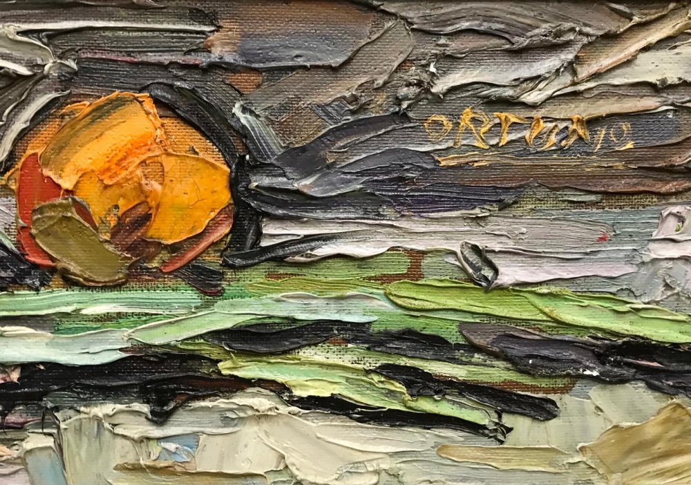 ”Naturaleza Muerta con Calas Blancas y Frutas”, Roberto Ortuño Pascual (1953), años 80 del siglo XX