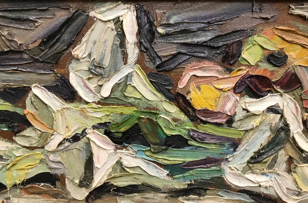 ”Naturaleza Muerta con Calas Blancas y Frutas”, Roberto Ortuño Pascual (1953), años 80 del siglo XX