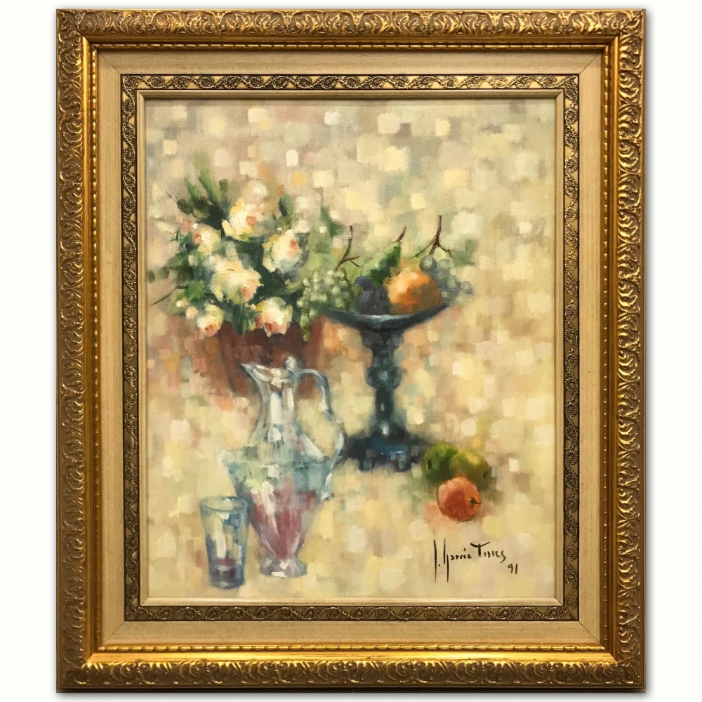 “Bodegón con Flores, Frutas y Vino”, José García Torres (1934-?), 1991