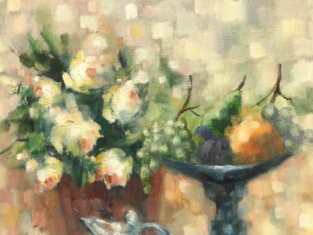 “Bodegón con Flores, Frutas y Vino”, José García Torres (1934-?), 1991