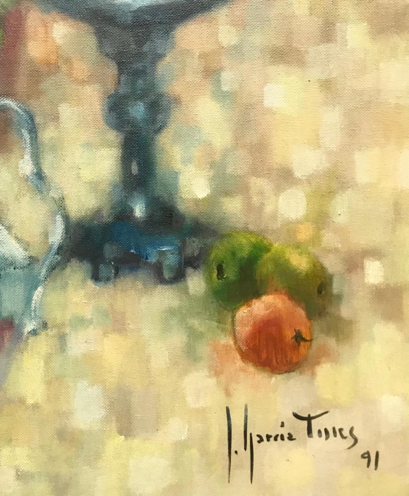 “Bodegón con Flores, Frutas y Vino”, José García Torres (1934-?), 1991