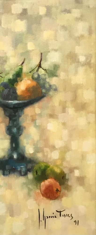 “Bodegón con Flores, Frutas y Vino”, José García Torres (1934-?), 1991