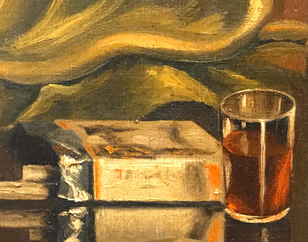 \"Bodegón con Champagne, Copa y Frutas\" y \"Bodegón con Licor Perelló, Cigarrillos y Cenicero\", Ramon Lluís Monllaó (1928–2013), mediados del siglo XX