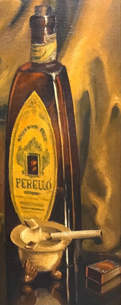 \"Bodegón con Champagne, Copa y Frutas\" y \"Bodegón con Licor Perelló, Cigarrillos y Cenicero\", Ramon Lluís Monllaó (1928–2013), mediados del siglo XX