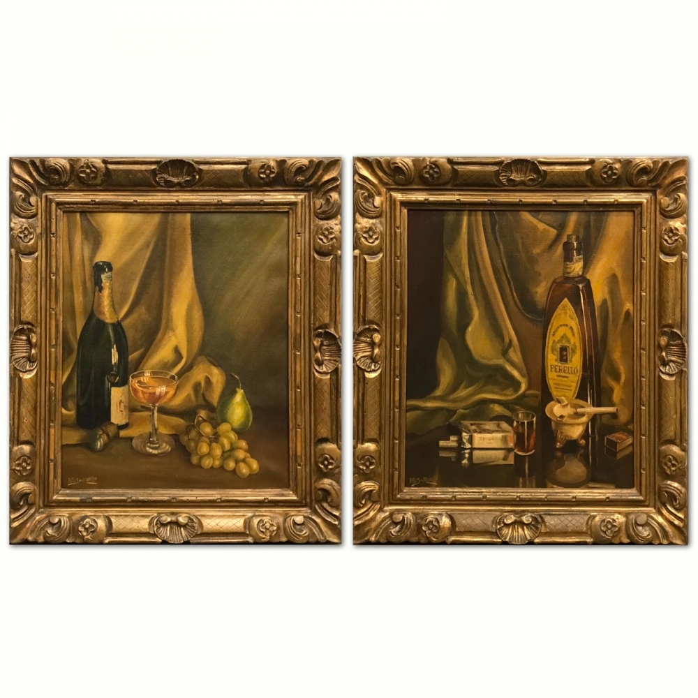 \"Bodegón con Champagne, Copa y Frutas\" y \"Bodegón con Licor Perelló, Cigarrillos y Cenicero\", Ramon Lluís Monllaó (1928–2013), mediados del siglo XX