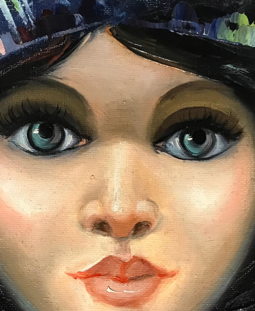 \"Retrato Femenino con Tocado Geométrico\", escuela europea, años 70-80 del siglo XX