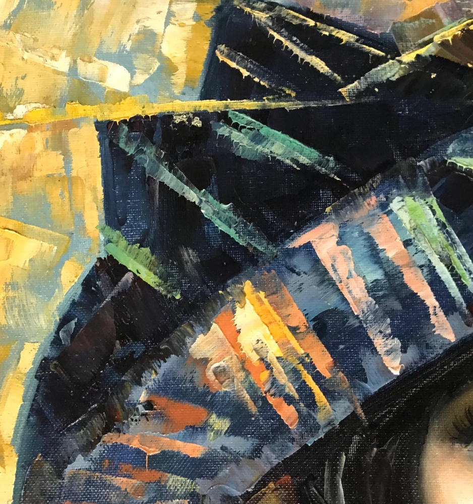 \"Retrato Femenino con Tocado Geométrico\", escuela europea, años 70-80 del siglo XX