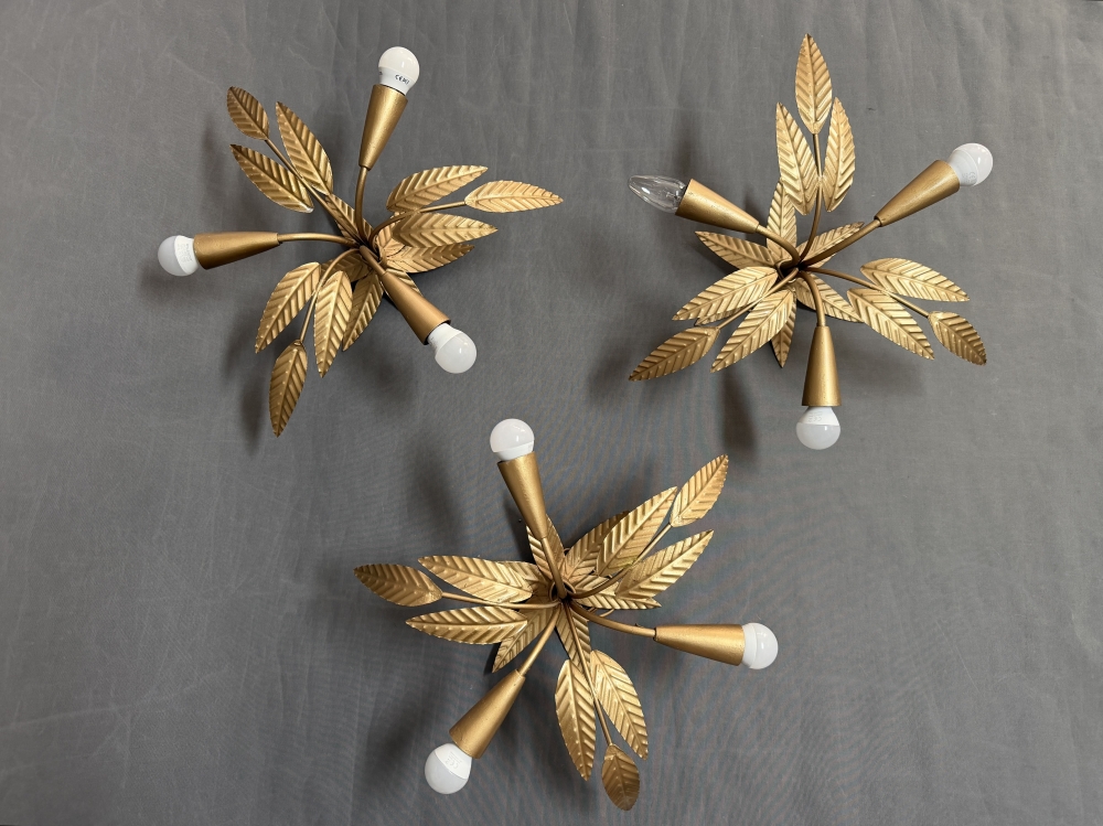 Tres lámparas de techo con motivos florales, hierro, España, ca.1950