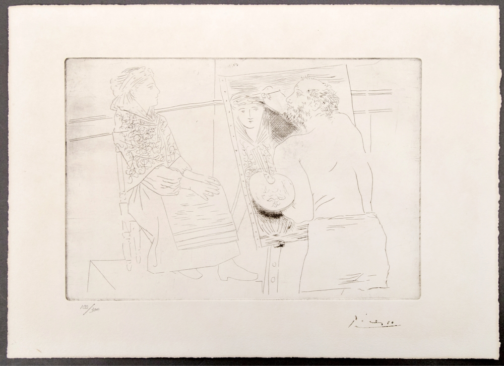 Pablo Picasso, Peintre chauve devant son Chevalet, punta seca, 1927, firma apostillada