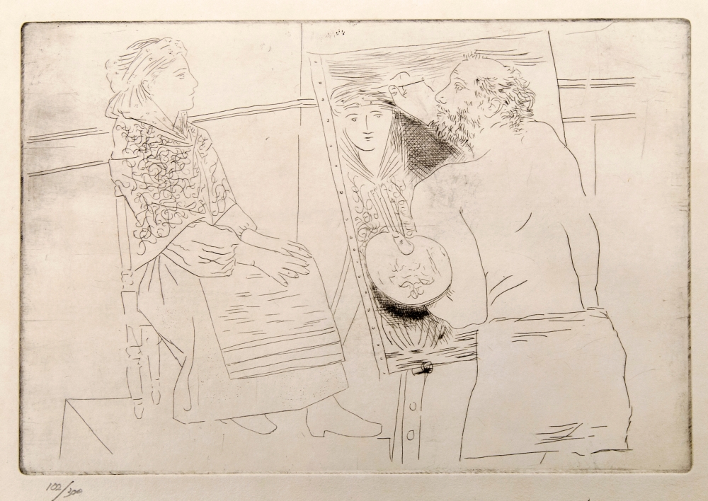 Pablo Picasso, Peintre chauve devant son Chevalet, punta seca, 1927, firma apostillada