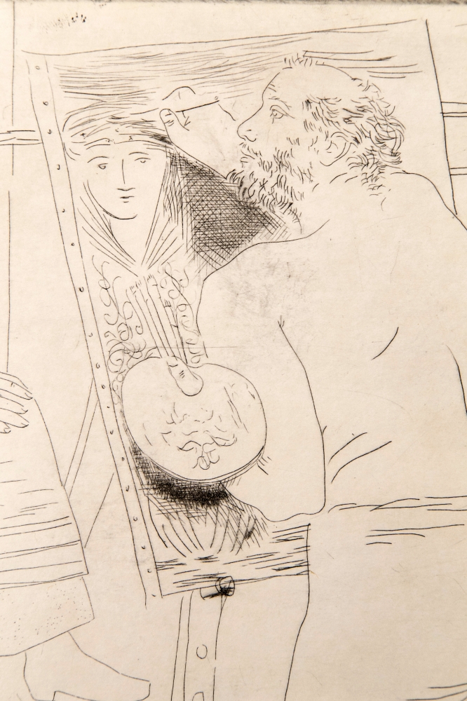 Pablo Picasso, Peintre chauve devant son Chevalet, punta seca, 1927, firma apostillada