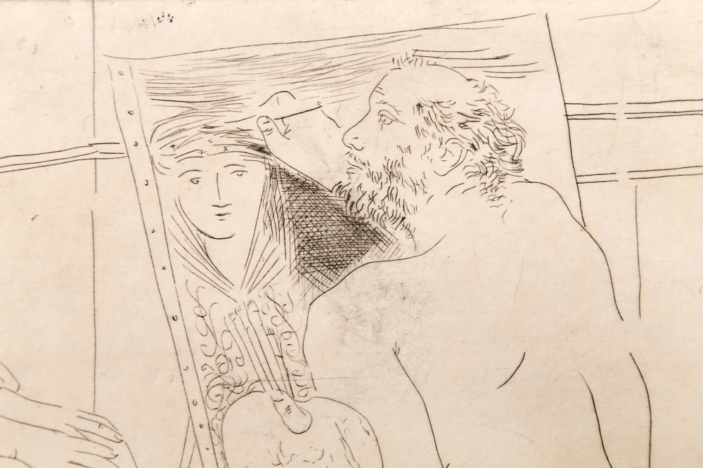 Pablo Picasso, Peintre chauve devant son Chevalet, punta seca, 1927, firma apostillada