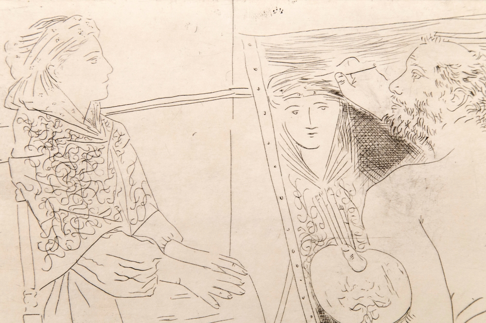 Pablo Picasso, Peintre chauve devant son Chevalet, punta seca, 1927, firma apostillada