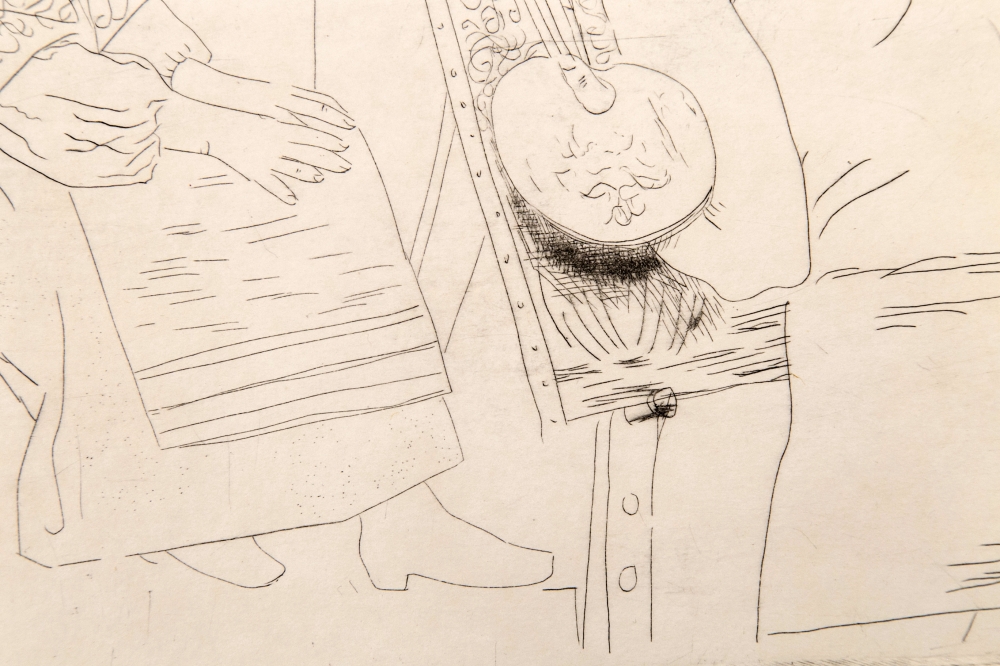 Pablo Picasso, Peintre chauve devant son Chevalet, punta seca, 1927, firma apostillada